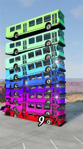 Colorful Buses Falling and Crashing From Huge Heig