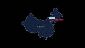 Blue stylized China map with Beijing capital city and geographic coordinates on black background | Premium Stock Video Footage