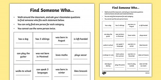 Find Someone Who... Getting to Know You Game Worksheet