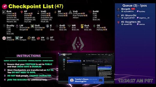 Destiny 2 Checkpoint Bot🎉// 🤖 @TravelersChosenTeam, @LuckBot9, @GuardianDownBot, @D2Chests, @DestinyCheckpoints