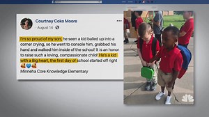 205K views · 5.7K reactions | Christian Moore, of Wichita, Kansas, helped his classmate Connor Crites, an 8-year-old with autism, overcome his first day fears when he took his hand and walked him into school. Christian’s mom shared a photo of the moment on Facebook and it’s gone viral. | NBC Nightly News with Tom Llamas | Facebook