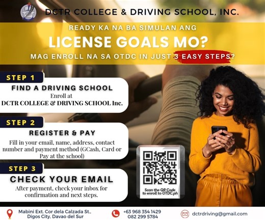 Ready to hit the road? Your license goals starts HERE! Follow these 3 easy steps and you'll be on your way to completing your OTDC in no time. Register now at 👉 https://portal.otdc.ph/register/dctr Got other questions about the OTDC fees? Message or visit us! For details please 📩 message us or may contact 📱 63 954 384 3525 📱 63 968 354 1429 Visit us 📍Mabini Ext. Cor. dela Calzada St. Brgy. San Miguel, Digos City #LifetimeSafeDriving #DCTRDriving #DCTRCollege #OnlineTDC #OTDC #LTOaccreditedD