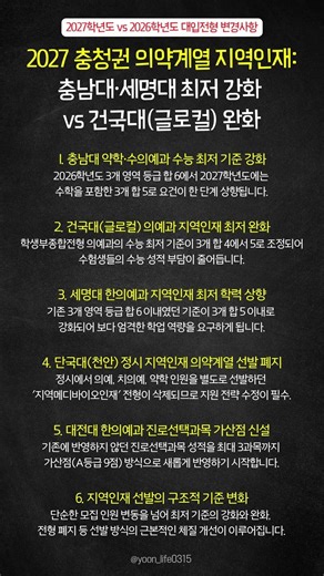2027 충청권 의약계열 지역인재: 충남대·세명대 최저 강화 vs 건국대(글로컬) 완화