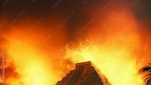 Ancient pyramid engulfed in flames with a dramatic sky and meteors falling around it