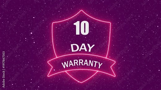10 Day Warranty Badge Neon Sign Glowing Purple Digital Guarantee Seal Business Trust Symbol Isolated Dark Background