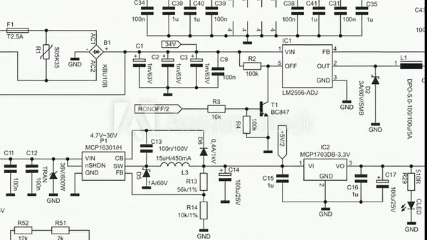 Video animation with schematic diagram of electronic device. Drawing electrical circuit with capacitor, resistor, transistor, diode, coil, led, power unit, integrated circuit. Animated motion effect.