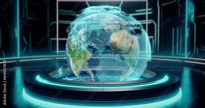 Earth. Hologram of a rotating planet. Spinning dotted globe holographic projection
