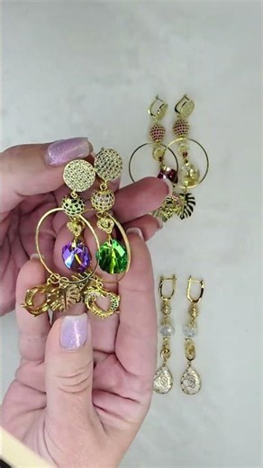 Tropical gold dolphin and crystal teardrop earrings — long handmade statement dangles