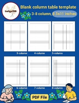 Blank column table template, 3-8 column, 8.5x11 inches