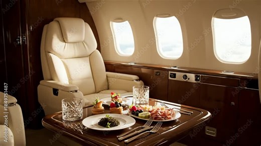 Luxury private jet interior with elegant dining setup and plush seating