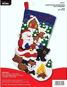 Bucilla 86931E Felt Applique Kit 18" Stocking, Santa Black Bear Cabin
