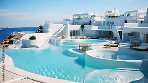 Santorini, Greece. Luxury hotel with swimming pool, Sea view, a luxury modern white beach hotel with a swimming pool