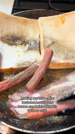 Making a Bacon and Sausage Sandwich for My Husband