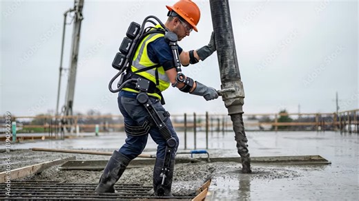 Futuristic construction worker wearing a powered exoskeleton pours wet cement from a pump hose onto a rebar covered foundation, demonstrating the future of advanced building technology