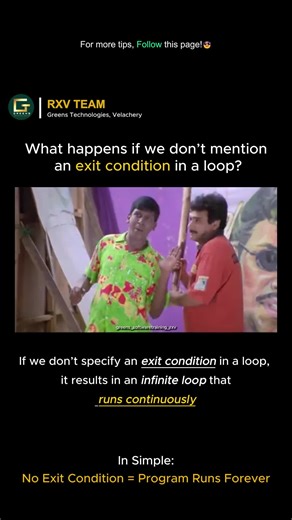 Greens Technologies Velachery RXV 🏅 on Instagram: "No exit condition = No ending. 🔁 👉 For more tips, follow this page. More info - visit : https://itplacementtraininginchennai.com/services Contacts : Ram Sarath: 8939982246 Palanivel: 9884291190 Xavier: 9344653712 #Java #Python #ProgrammingCourse #CodingMemes #TamilTech #DeveloperLife #InfiniteLoop #LearnCoding #TechTraining #ProgrammerHumor #JavaTraining #PythonCourse #TechEducation #FutureDevelopers #softwaretraining #CodingMemes #Programmer