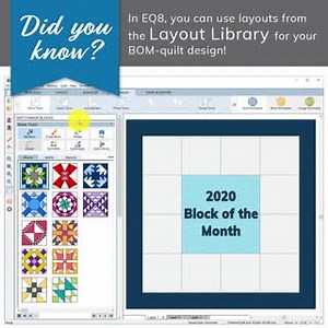 Want to start your own BOM with your quilt group? This could be a fun activity! In the EQ Layout Library, there's a category of layouts specially made for BOMs! Choose one that you like, then drop your BOM blocks into the layout. (In this video, I already selected this layout and added the border and put text on Layer 2 of the quilt.) Once you have your BOM quilt designed, share your EQ project file with your group, or if they don't have EQ8, save the templates, foundation patterns, or rotary cu