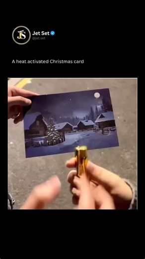 Jet.Set on Instagram: "The post showcases a 13-second clip of a thermochromic Christmas card showing a dark, snowy village scene. When heat from a butane lighter is applied, hidden glowing windows and twinkling tree lights appear, creating a truly “magical” effect that fades once the card cools.⁠ ⁠ The effect comes from thermochromic inks made with leuco dyes, which become transparent at around 30°C and reveal the colorful artwork beneath. The process is fully reversible, relying on molecular ch