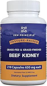 Zen Principle Grass Fed Beef Kidney Supplement, 210 Capsules, 3000 mg. DAO Enzyme for Histamine Health. Selenium and B12 for Thyroid Support.