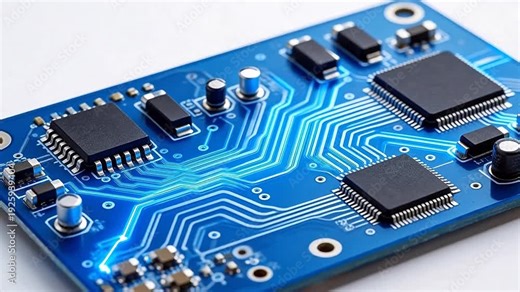 Close-up of a blue printed circuit board (PCB) with integrated circuits, capacitors, and resistors — high-tech electronics hardware for engineering and innovation.