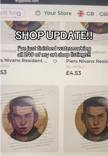 All my products are reuploaded and now available again from my online shop!! This is because another seller stole two designs of mine and reuploaded them somewhere else- to prevent this happening with any more of my products, they will ALL be watermarked from now on! This WONT effect the actual products, it’s just to protect the illustrations in the listings!! ^^ #fanart #merch #residentevil #artistsupport #piersnivans