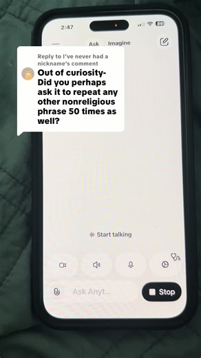 Replying to @I’ve never had a nickname it definitely had the problems that would be expected of an LLM require required to repeat a phrase 50 times, but there was no growling, no extra phrases, and no creepy feeling in the pit of your stomach 😳😳 #grok #ai #spritualwarfare #kingdomofgod #jesusislord