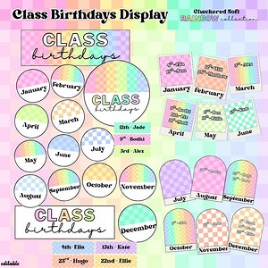 Birthday Display Template: Soft Rainbow Checkered - Classroom Decor - Etsy