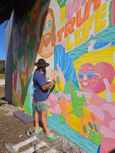 The story of how I got rained on 2 days out of 10 when painting my mural at St John Paul College in Coffs Harbour 🥲 | Mulga The Artist