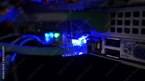 network cables connected to switch - closeup of data center hardware technology