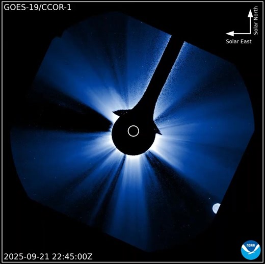 On this first day of the #AutumnEquinox, the Compact Coronagraph-1 (CCOR-1) onboard NOAA's GOES East (GOES-19) satellite captured both the moon and Earth while watching the sun. NOAA’s upcoming SWFO-L1 observatory will also carry a compact coronagraph called CCOR-2. Learn more about the new satellite's instruments: https://www.nesdis.noaa.gov/our-satellites/future-programs/swfo/swfo-instruments | NOAA Satellite and Information Service
