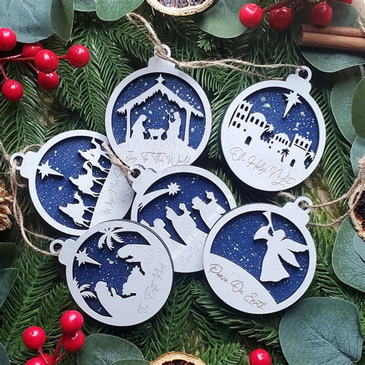 Starry Night Nativity Ornament Set 6pcs, O Holy Night Nativity Scene Ornaments, Wooden Nativity Ornament Set, Christmas Nativity Scene Set - Etsy