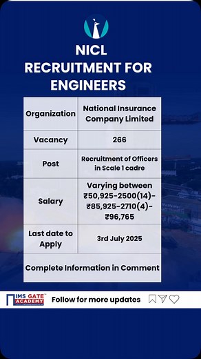 🚨 NICL Recruitment Alert for Engineers! 🚨 ✨ 266 vacancies are out for Officers in Scale 1 Cadre at National Insurance Company Limited (NICL)! ✨ Salary ranges from ₹50,925 to ₹96,765 💰 ✨ Last date to apply: 3rd July 2025 ⏳ If you’re a GATE aspirant or an engineering graduate looking for a stable, government-backed career, this is your sign to apply now! ✅ . #psurecruitment #engineeringlife #vacancy #jobopprtunities #imsgateacademy #imsindia #prepwithims | IMS GATE Academy