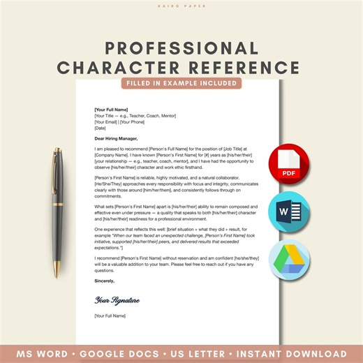 Professional Character Reference Letter Template | Editable Job Recommendation Letter | Google Docs & Word - Etsy