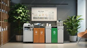 A recycling station in an office with bins for paper, plastic, and waste