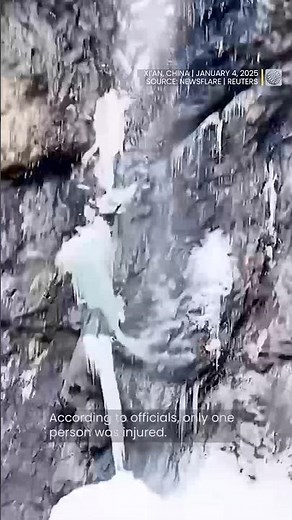 Tourists flee as huge icicle falls from frozen waterfall