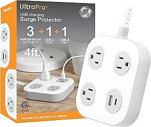 GE UltraPro 3-Outlet Surge Protector with 4ft Braided Cord, Power Strip, Extension Cord, Flat Plug, 1 USB-A & 1 USB-C Port, 245 Joules, for Home School & Office, Charging Station, White – 81786