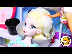 ディズニープリンセスのエルサがバッサリヘアチェンジ！バービー美容院で髪の毛がカラフルカラーに変身♪Disney Frozen Elsa hair cut♪