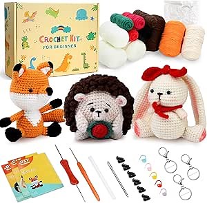PIPAPI Crochet Kit for Beginners, 3 Pattern Animals-Fox, Hedgehogs, Rabbit, Knitting Kit for Adult Kids with Step-by-Step Video Tutorials, Instructions and Yarns, Hook, Accessories