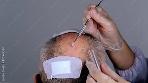 close-up trichologist treats patient, bald mature man with alopecia in hair growth clinic, anti-aging treatments for balding men. concept of hair transplant procedures for men, selective focus