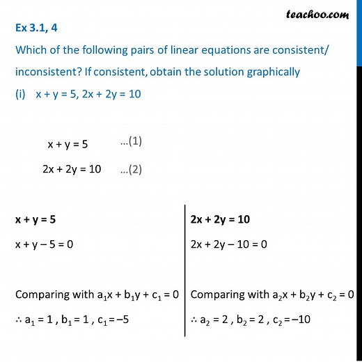 Ex 3.1, 4 (i) - Which of the pairs of linear equations are consistent
