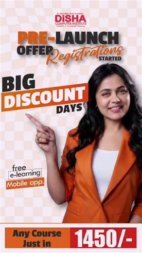 Disha Shikrapur on Instagram: "⭐ *BIG DISCOUNT DAYS- DISHA COMPUTER INSTITUTE* ⭐ Upgrade your skills with our *BIG DISCOUNT DAYS* 🎉 📅 *Offer Period:* 18th Jan - 27th Jan 2026 💰 *Special Price:* ANY Computer Course @ ₹1450/- only 📚 *Available Courses:* MS Office | Advanced Excel | Tally + GST | Photoshop | CorelDRAW | Illustrator | InDesign | C | C++ | HTML | 2D CAD | 3D CAD | Canva | ChatGPT 🎁 *FREE Bonus:* e-learning Mobile App Access! ✨ *Why Choose Disha?* ✅ Practical Training ✅ Expert Fa