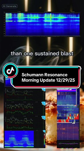 Morning update 12/29/25 6 am New York. We’re starting the day with a steady but busy background field, nothing explosive, yet nothing asleep either. The spectrogram shows a long stretch of clean harmonic bands holding their lanes, especially around the primary resonance, which tells us the system is organized even while it’s active. You’ll notice intermittent vertical spikes popping in and out rather than one sustained blast. That’s usually a sign of short-lived inputs, quick injections of energ