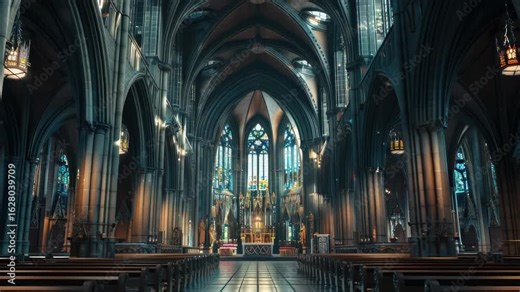 Interior of a church featuring rows of pews and stunning stained glass windows