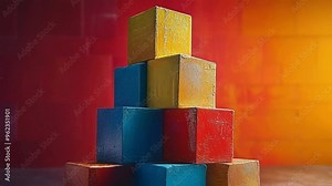 Colorful wooden blocks stacked in a pyramid shape convey growth, stability, and building towards success. Vibrant colors and solid foundation create optimism and potential