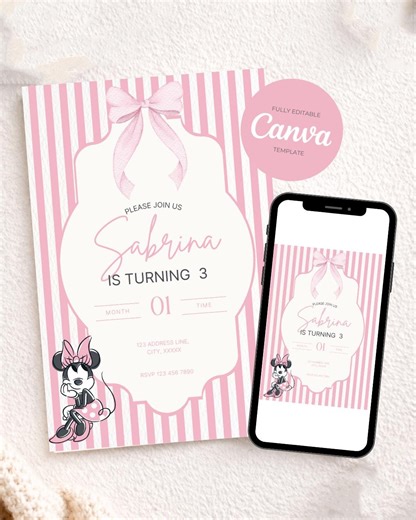 Pink Minnie Mouse Birthday Invitation Template | Bow Theme Party | Canva Template (instant Download) - Etsy