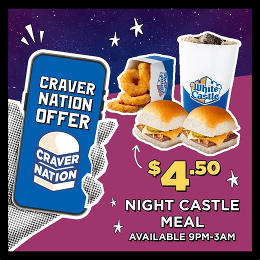 15K views · 98 reactions | This deal is a delicious mouthful: 2 Cheese Sliders, 1 small soft drink and a choice of a 3pc cheese sticks, a 6pc Chicken Ring or med fry for $4.50 ($5 NY/NJ/AZ/FL) - get it in the White Castle app tonight: https://www.whitecastle.com/download-app | White Castle | Facebook