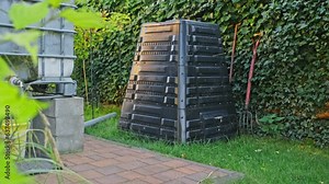 Plastic Compost Bin for Household Organic Waste from Vegetables and Food Leftovers Collected for Production of Natural Fertilizer for Garden Soil