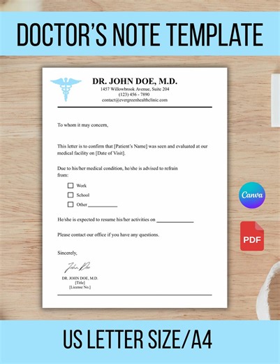 Doctor Note for Work Template, Printable Doctor Note, Work Excuse Template, Doctor's Excuse Note, Editable PDF, US Letter, A4 Size - Etsy