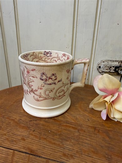 Antique Victorian Transferware Mug | Pink Floral Scrolls & Blue Ribbon | English Earthenware | Shaving Mug | Staffordshire Style - Etsy