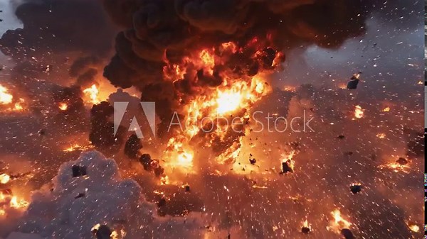 Apocalyptic scene showing massive explosions and inferno clouds for dramatic action, powerful visuals, and thrilling impact sequences in video projects