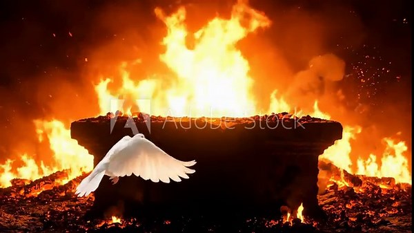 Burning funeral pyre consumes wooden coffin. Massive flame rises from cremation pyre. Dove flies through smoke above burning ritual. Memorial of life shown in fire and ember glow. Mourning release.
